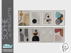 a set of nine framed art pieces in various shapes and sizes