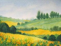 a painting of yellow flowers and trees on a hill