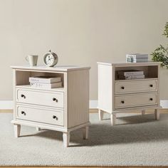 two nightstands side by side on carpeted floor with clock and plant in corner