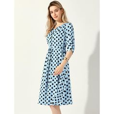 The dress features a drawstring waist, full placket, round neck, midi length, A-line silhouette, ruched sleeves, and is half-lined. Its charming polka dot print exudes a vintage feel, making it perfect for various occasions such as daily wear, vacations, weekends, and shopping. This effortlessly stylish shirt dress can be worn from Monday to Sunday. It is adorned with polka dots, a button front, and a drawstring waist for added detailing while ensuring easy on/off wear and all-day comfort. Polka Dot Knee-length Midi Dress For Daywear, Polka Dot Midi Dress For Daywear, Blue Knee-length Midi Dress With Gathered Waist, Midi Dress Blue, Maxi Sundress, Ruched Sleeve, Midi Slip Dress, Stylish Shirt, Blue Midi Dress