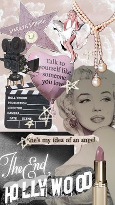 marilyn monroe collage with pink lipstick, camera, and movie reel on it's side