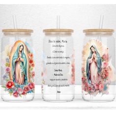 Customized Tumblers Virgencita, Virgin Mary Praying, Mary Praying, Glass Can Tumbler, Can Tumbler, Images Of Mary, Libbey Glass Can, Hail Mary, Libbey Glass