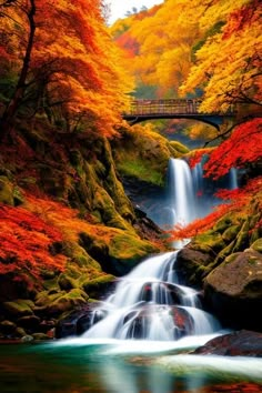 a waterfall in the middle of a forest filled with trees and leaves, next to a bridge