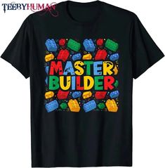 a black t - shirt with the words master builder in lego blocks and letters on it