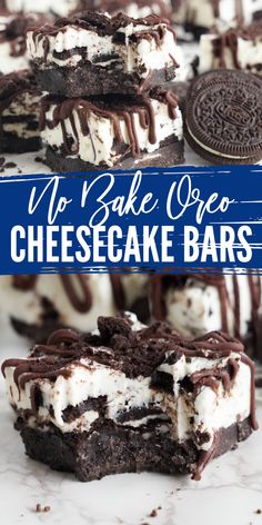 no bake oreo cheesecake bars are stacked on top of each other