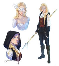 three different poses of the same woman in costume, one with long blonde hair and one with blue eyes