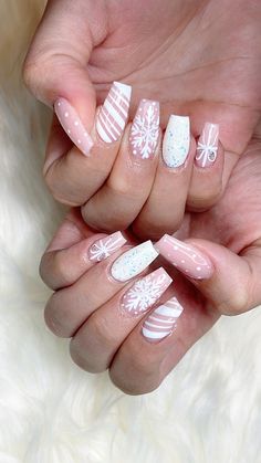 Pink And Silver Christmas Nails, Pink And White Snowflake Nails, Ice Skating Nails, White And Pink Christmas Nails, Pink Christmas Nails Almond, Christmas Nails Pink And White, Pink And White Christmas Nails, Pink Winter Nails, Pink And White Christmas