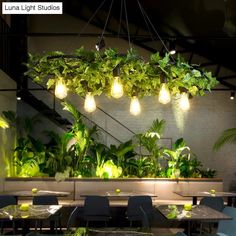 a restaurant with plants and lights hanging from the ceiling