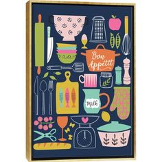 a framed print with kitchen items on it