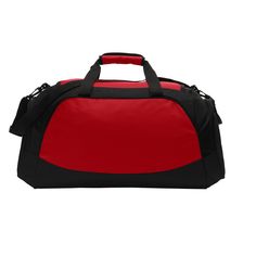 a red and black duffel bag on a white background