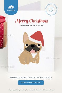 a christmas card with a cute dog wearing a santa hat on it's head