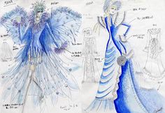 two drawings of blue dresses with feathers on the shoulders and arms, one in an evening gown