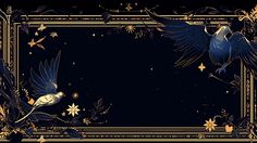 two birds are flying in front of a black background with gold stars and snowflakes