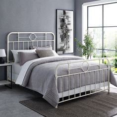 Antiqua Queen Bed Bedroom Walker Edison Antique White Modern Queen Bed Frame, Pipe Bed Frame, Queen Size Bed Headboard, Pipe Bed, Farmhouse Bed Frame, Modern Queen Bed, King Size Bed Headboard, Queen Metal Bed, Farmhouse Bedroom Furniture