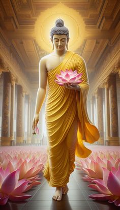 the buddha is holding a flower in his hand