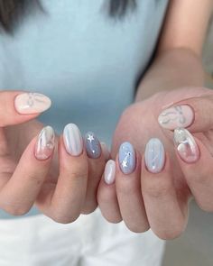 Nail Cute Korean, Blue Korean Nails, Short Blue Nails, Blue Nail Inspo, Blue Gel Nails, Minimal Nails Art, Baby Blue Nails