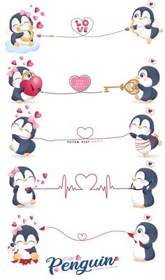 penguins in love with hearts and heartbeats on white background - miscellaneous objects clip art