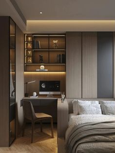 a bedroom with a bed, desk and shelves on the wall above it is lit by recessed lights