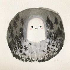 a drawing of a little white animal in the middle of some bushes and trees with eyes closed