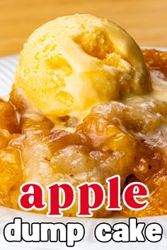 an apple dump cake on a plate with the words, apple dump cake above it