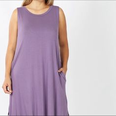 Cute, Lightweight, Sleeveless Dress With Side Slits And Pockets! Beautiful Purple Color. Lots Of Stretch. Excellent Condition Pit To Pit: 19.5” Shoulder To Hem: 48” In Front, 52” In Back Sleeveless Summer Midi Dress With Side Slits, Sleeveless Summer Dresses With Side Slits, Solid Color Sleeveless Maxi Dress With Side Slits, Sleeveless Solid Maxi Dress With Side Slits, Sleeveless Maxi Dress With Side Slits For Daywear, Casual Sleeveless Midi Dress With Side Slits, Purple Sleeveless Midi Dress For Day Out, Spring Sleeveless Maxi Dress With Side Slits, Sleeveless Sundress With Side Slits