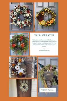 the front door is decorated with wreaths and other things to decorate for fall or halloween