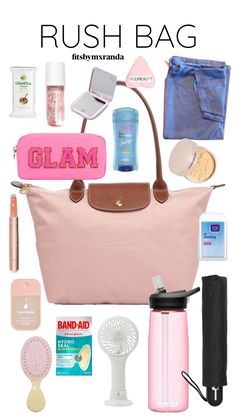 the contents of a pink purse are shown in this graphic style, including toiletries and other items