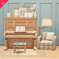 a living room filled with furniture and a grand piano in front of a blue wall