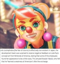 an image of a clown with big blue eyes and orange hair, wearing pink earrings