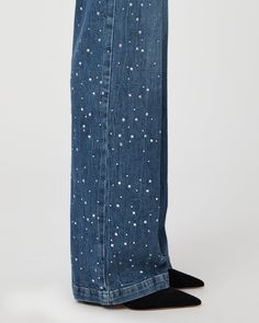 Be a showstopper this season in our crystal-embellished Sasha jeans. This high-rise wide leg is designed with a fitted top block and a slightly relaxed fit in a medium wash with marble texture throughout. This pair is crafted from our PAIGE VINTAGE denim which takes all of the work out of breaking in your favorite pair of vintage jeans. We've combined the comfort of stretch with everything you love about authentic vintage denim to create super soft jeans that feel perfectly lived-in from the ver Embellished Denim Blue Straight Leg Bottoms, Medium Wash Embellished Straight Leg Bottoms, Crystal Embellished Denim Jeans, Embellished Flare Jeans For Spring, Chic Straight Leg Jeans With Rhinestones, Chic Embellished Denim Jeans, Soft Jeans, Breaking In, Men Store