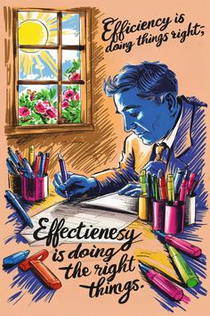 an image of a man writing in front of a window with the words efficiency is doing right