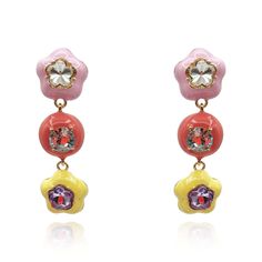 Introducing our vibrant Multi-Color Floral Enamel Earrings adorned with faceted glass floral stones, a delightful fusion of pink, coral, and pale yellow enamels that elevate any ensemble with their lively charm. These earrings are designed for versatility and style, offering numerous ways to wear them to suit various occasions.  Crafted with intricate floral enamel designs and accented with faceted glass stones, these earrings showcase a blend of colors that create a cheerful and eye-catching ap Pink Flower-shaped Enamel Earrings, Pink Flower Enamel Earrings, Multicolor Enamel Earrings For Party, Pink Enamel Earrings For Party, Pink Enamel Jewelry For Party, Pink Enamel Flower-shaped Earrings, Jeweled Enamel Earrings For Gift, Pink Enamel Flower-shaped Jewelry, Enamel Jeweled Earrings For Gift