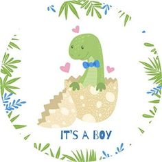 it's a boy sticker with a green dinosaur sitting in an egg