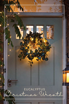 eucalyptus wreath on front door Giants Wreath, Front Door Ideas, Large Christmas Wreath, Wreath Holder, Wire Fairy Lights, Wreath Storage