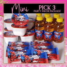 spiderman party favors are displayed on a pink and white tablecloth with the words, mini pick 3 party favors package