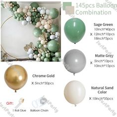 balloons and garlands are arranged in different colors