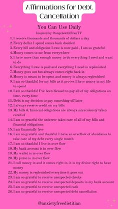 a pink poster with the words, affirmmations for debt cardioltion you can use daily