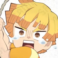 an anime character with blonde hair holding a knife and looking at something in his hand