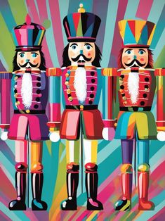 three nutcrackers are standing in front of an abstract background with bright colors