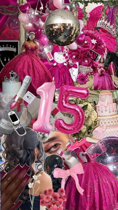 a collage of pink and silver items with the number 25 on it's side