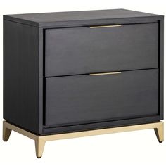 a black and gold nightstand with two drawers on one side, an open drawer in the other