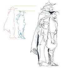 a drawing of two people standing next to each other with one person wearing a backpack