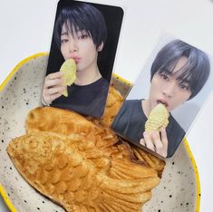 a plate with some food on top of it and two pictures of the same person