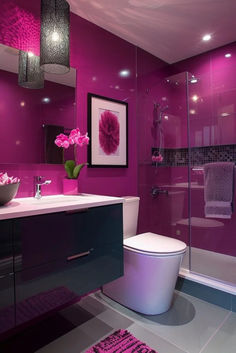 a bathroom with purple walls and flooring in the shower area, toilet and sink