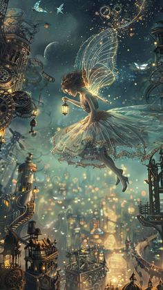 a fairy flying through the air over a city filled with lots of buildings and birds