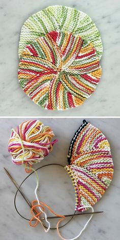 two pictures with yarn and scissors on them