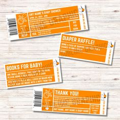 three orange and white baby shower tickets with the words diaper raffle on them