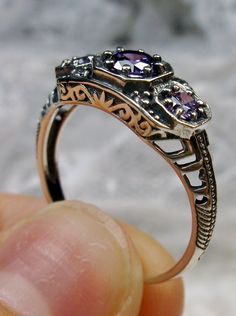 Art deco style ring with three Purple amethyst CZs set in sterling silver filigree Elegant Silver Amethyst Ring With Stone Setting, Elegant Amethyst Ring For Anniversary With Stone Setting, Silver Filigree Amethyst Ring In Sterling Silver, Silver Sterling Silver Amethyst Ring With Filigree, Sterling Silver Amethyst Wedding Ring, Sterling Silver Amethyst Promise Ring With Intricate Design, Silver Filigree Amethyst Ring, Wedding Sterling Silver Amethyst Ring, Elegant Amethyst Ring With Stone Setting For Wedding