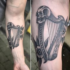 two pictures of tattoos with skulls and a harp