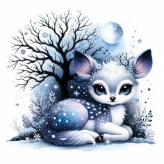 a painting of a baby deer sitting under a tree with stars and moon in the background